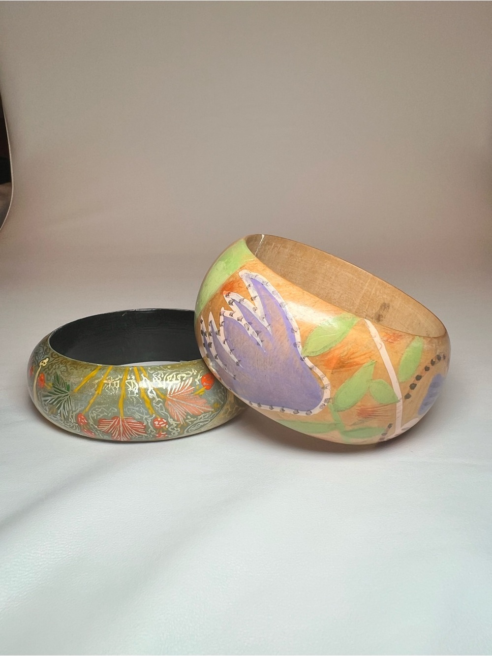 Bundle Lot 2 Vintage hand painted chunky boho 1980’s Motif bangle bracelet